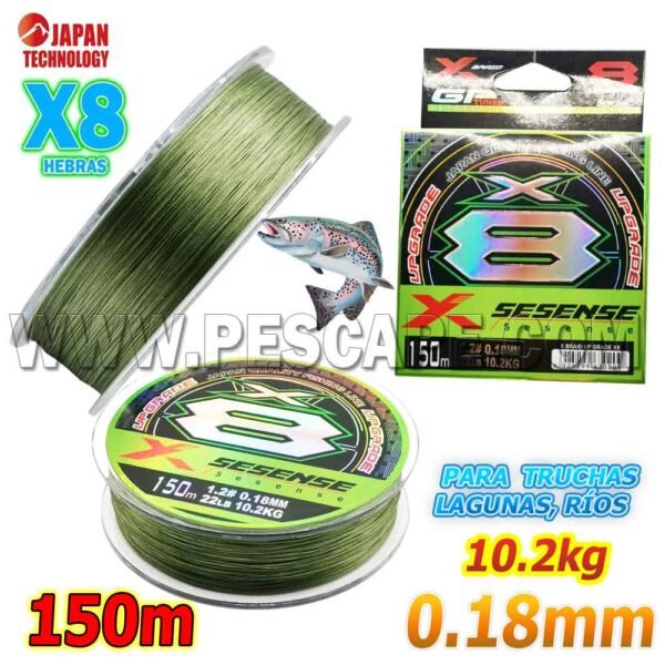 Multifilamento 8X sensense X BRAID UP GRADE 0.18mm 10.2Kg 150m Green