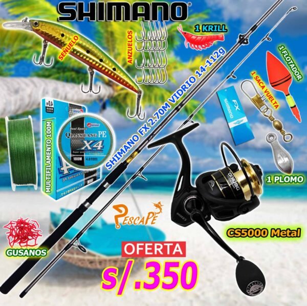 Combo caña de pescar Shimano FX 2.70M + Carrete Deukio CS5000 Metal Accesorios