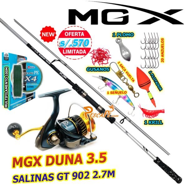 MegaCombo Caña de Pescar MGX® SALINAS FX 2.74M CARBONO Carrete MGX DUNA 3.5 Spinning SALINASKILLER