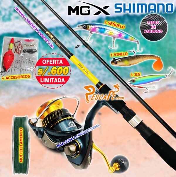 MegaCombo Caña de Pescar SHIMANO® FT XT 3.0M CARBONO Carrete MGX DUNA 3.5 Spinning SALINASKILLER