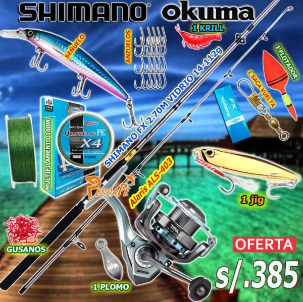 MegaCombo Caña de Pescar Shimano FX 2.70m Carrete Okuma Alaris ALS-40 Accesorios
