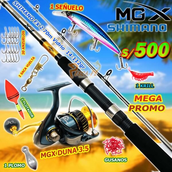 MegaCombo Caña de Pescar Shimano® FX 2.7M Carrete MGX DUNA 3.5 Spinning DUNAKILLER