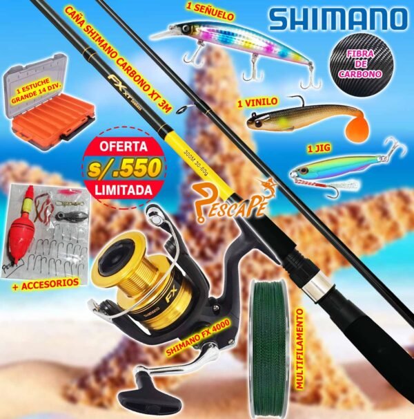 MegaCombo Caña de Pescar Shimano® FX XT 3.0M Seabass Carrete FX4000 Metal Spinning FXKILLER