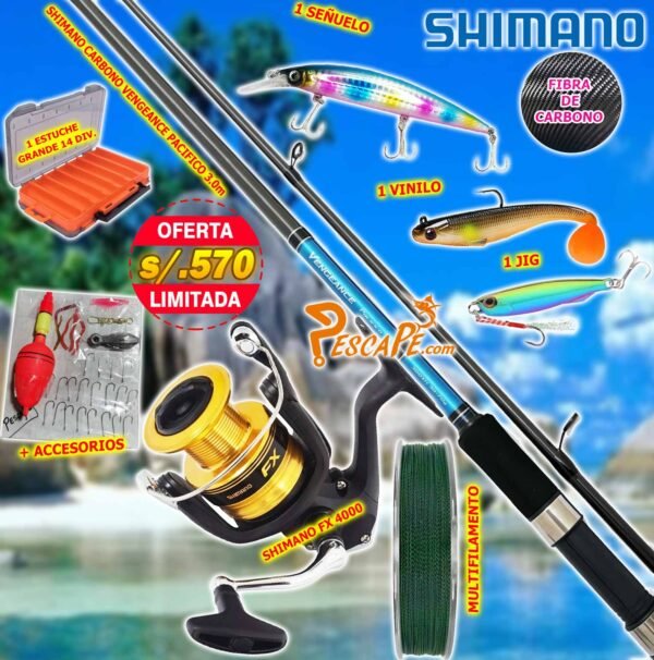 MegaCombo Caña de Pescar Shimano® VENGEANCE PACIFICO 3m Carrete FX4000 Metal Spinning VENGEANCEKILLER