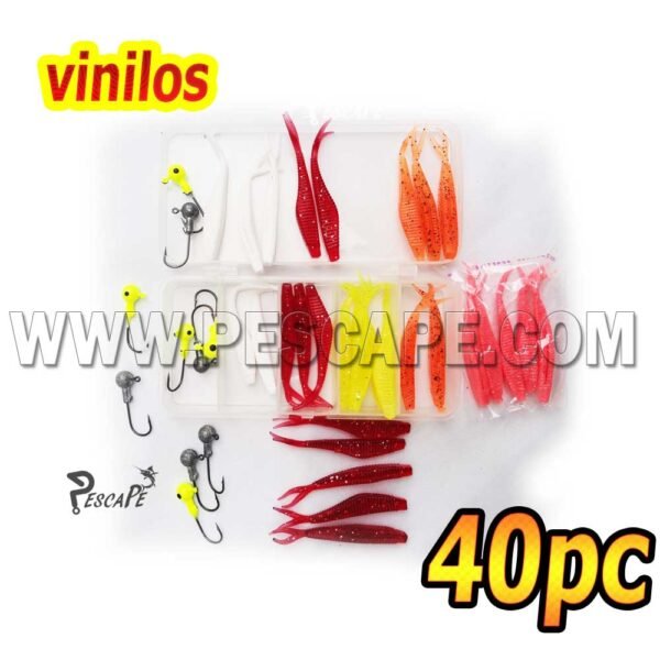 Set de vinilos 40pcs para ríos lagos lagunas + Anzuelos Pesca Ligera