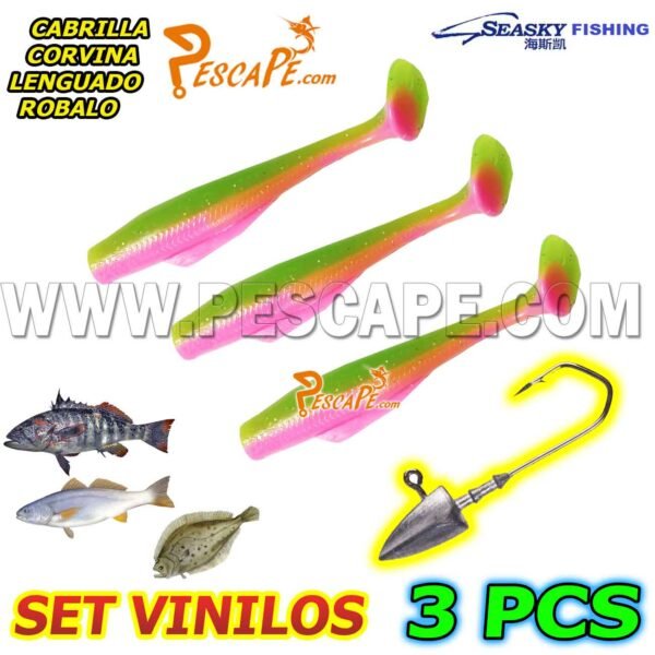 Set de vinilos para cabrillas corvinas lenguados (3pcs) + Anzuelo Plomado Model7