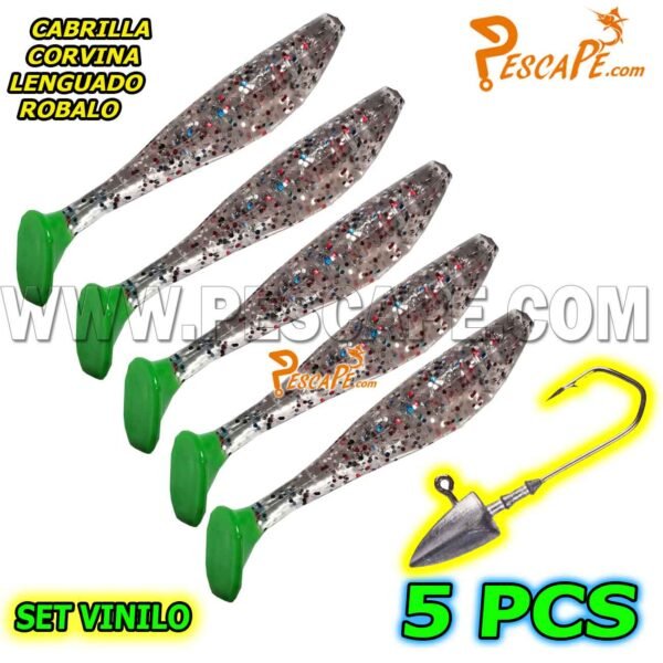 Set de vinilos para cabrillas corvinas lenguados (5pcs) + Anzuelo Plomado Model1