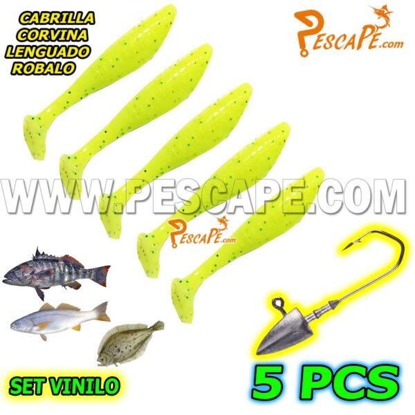 Set de vinilos para cabrillas corvinas lenguados (5pcs) + Anzuelo Plomado Model3