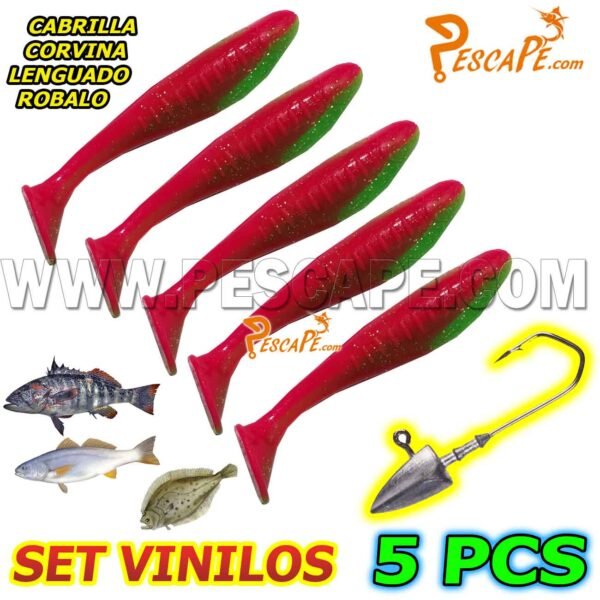 Set de vinilos para cabrillas corvinas lenguados (5pcs) + Anzuelo Plomado Model4