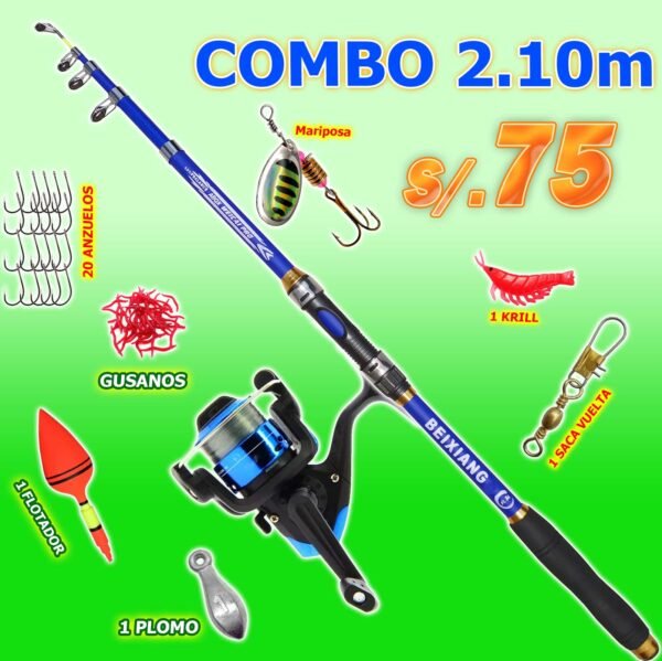 Combo caña de pescar 2.10m Fibra de Vidrio Mejorado Carrete + Nylon Combo Telescópico PescaPe®