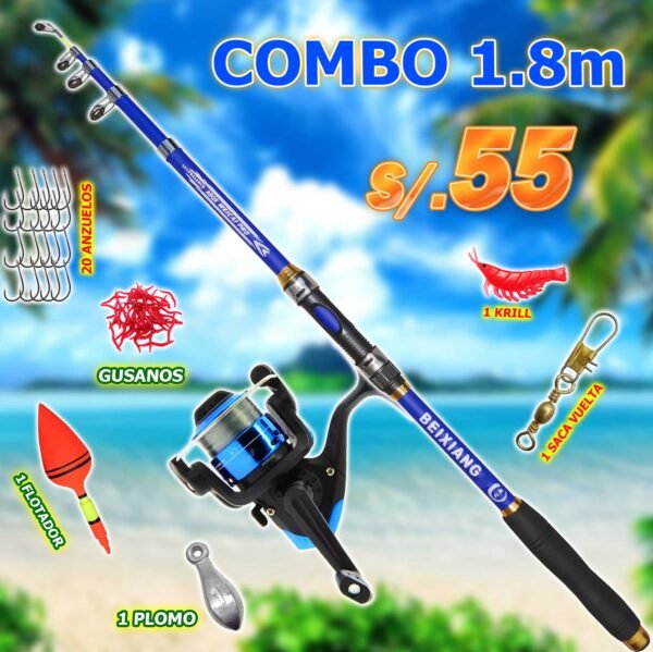 Kit caña de pescar 1.8m Fibra de Vidrio Mejorado Carrete + Nylon Combo Telescópico PescaPe®
