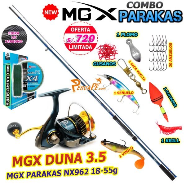 MegaCombo Caña de Pescar MGX® PARAKAS NX962 2.90m 18-55g CARBONO Carrete MGX DUNA 3.5 Spinning PARAKASKILLER