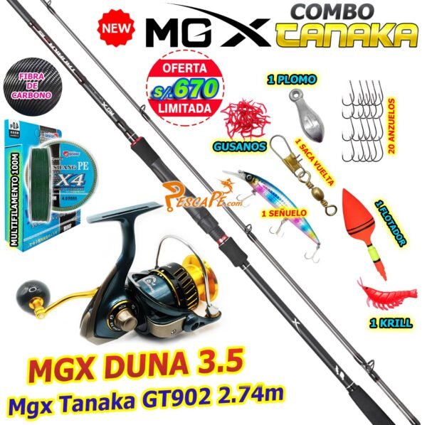 MegaCombo Caña de Pescar MGX® TANAKA GT902 2.74m  CARBONO Carrete MGX DUNA 3.5 Spinning TANAKAKILLER