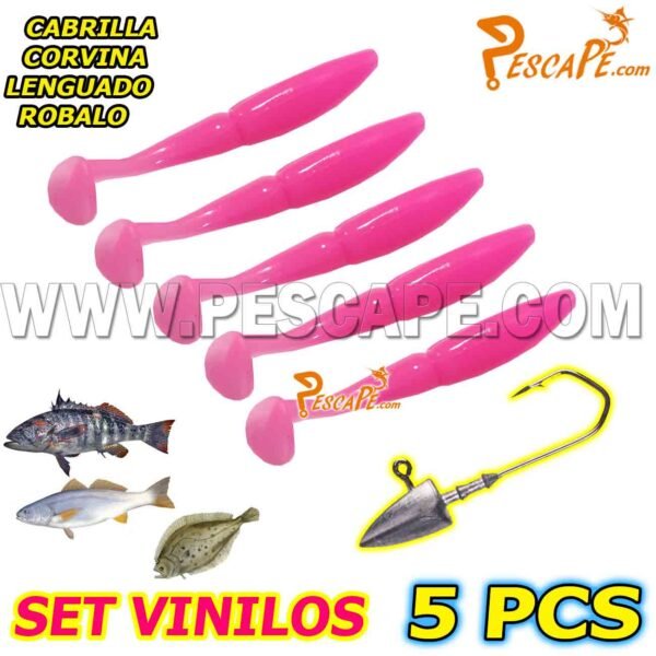 Set de vinilos para cabrillas corvinas lenguados (5pcs) + Anzuelo Plomada Model16