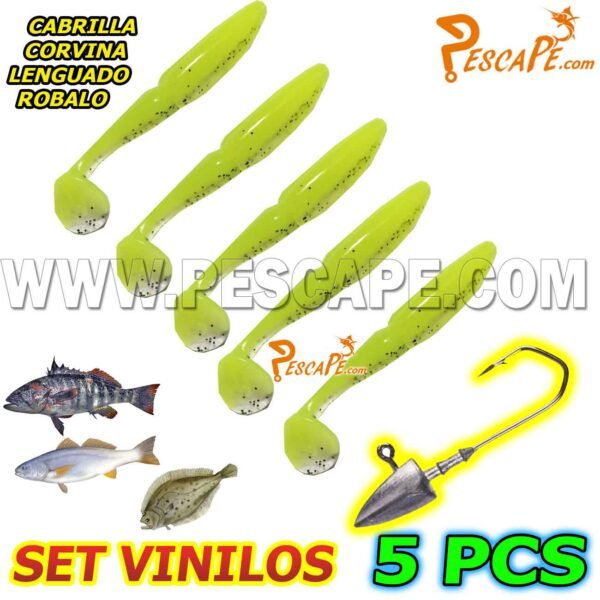 Set de vinilos para cabrillas corvinas lenguados (5pcs) + Anzuelo Plomado Model10
