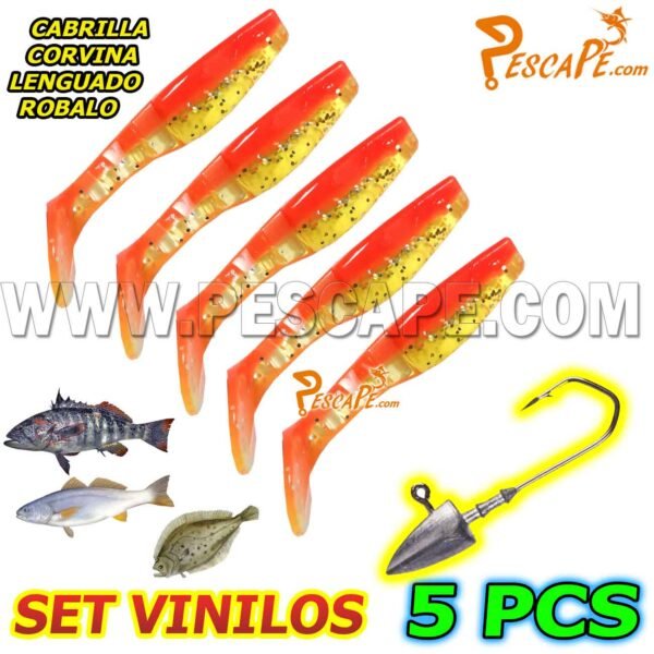 Set de vinilos para cabrillas corvinas lenguados (5pcs) + Anzuelo Plomado Model11
