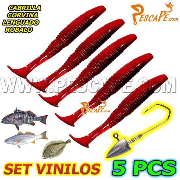 Set de vinilos para cabrillas corvinas lenguados (5pcs) + Anzuelo Plomado Model12