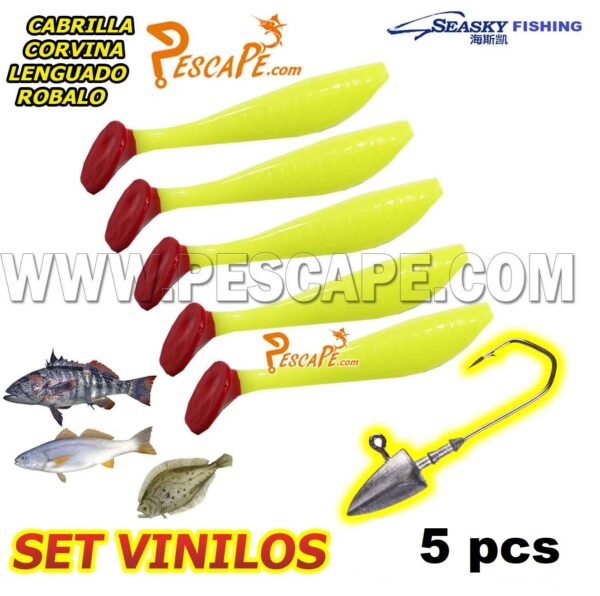 Set de vinilos para cabrillas corvinas lenguados (5pcs) + Anzuelo Plomado Model8