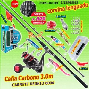 MegaCombo Caña de Pescar WU DAO HUN® 3.0m Carrete DEUKIO 6000 Accesorios