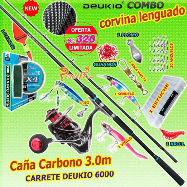 MegaCombo Caña de Pescar WU DAO HUN® 3.0m Carrete DEUKIO 6000 Accesorios