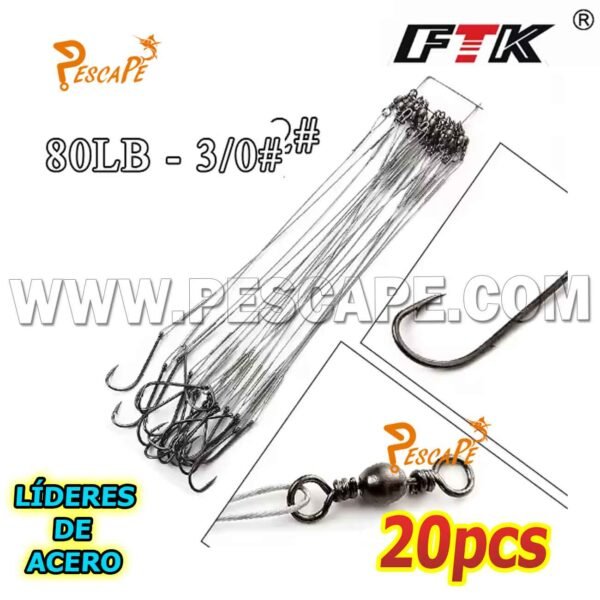 líder de alambre de acero FTK con anzuelos triples 80LIBRAS GRISS(20PCS)