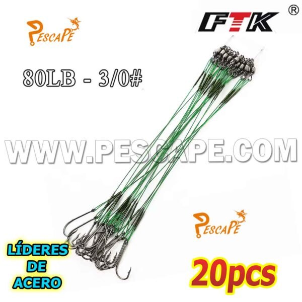 líder de alambre de acero FTK con anzuelos triples 80LIBRAS VERDE (20PCS)