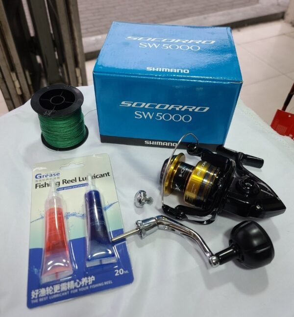 Carrete Shimano SOCORRO SW5000 Drag 10kg 4 S-RB+1 + Multifilamento + Lubricante - Imagen 2