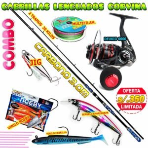 Combo caña carbono 3.0m Corvina Lenguados Señuelos vinilos corvinator Jig 40g | Mix3