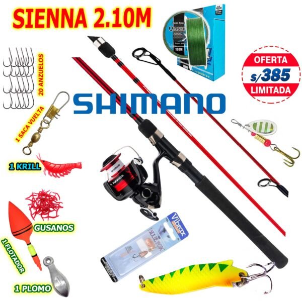 MegaCombo Caña shimano Sienna 2.10m carrete 2500 multifilamento cuchara Toby mariposa