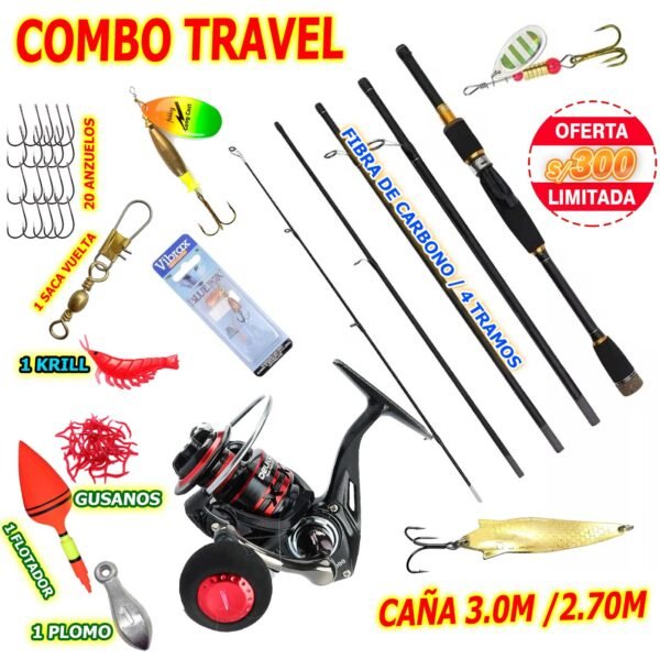 MegaCombo Caña travel 3.0m fibra de carbono + carrete deukio 4000 Toby mariposa multifilamento accesorios