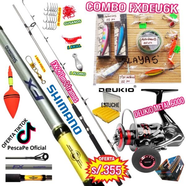 Combo caña de pescar Shimano Fx 2.70m Deukio 6000 Señuelo Jig Vinilo Estuche Accesorios FXDEU6K