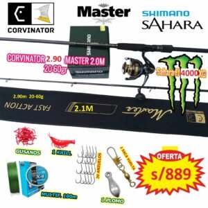 MegaCombo Caña de Pescar Corvinator Master 2.90m Carbono Shimano Sahara 4000XG
