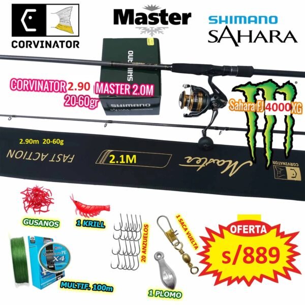 MegaCombo Caña de Pescar Corvinator Master 2.90m Carbono Shimano Sahara 4000XG