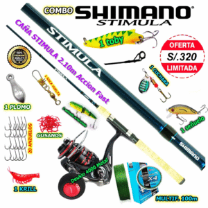 MegaCombo Caña de Pescar SHIMANO® Stimula 2.10m Carrete Deukio 4000 + Accesorios