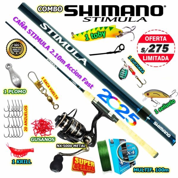 MegaCombo Caña de Pescar SHIMANO® Stimula 2.10m Carrete NX5000 7kg Truchas + Accesorios