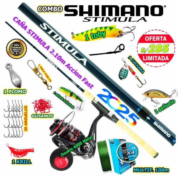 MegaCombo Caña de Pescar SHIMANO® Stimula 2.10m Carrete Deukio 4000 + Accesorios
