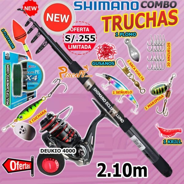 MegaCombo Shimano® Telescópico Eclipse Lumo 2.10m Carrete Deukio 4000 + Accesorios