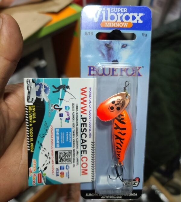 Spinner Super Vibrax Minnow Blue Fox 9gr BFMSV2 OB ORANGE BLACK ORIGINAL - Imagen 2