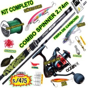 COMBO CAÑA DE PESCAR CORVINATOR SPINNER 2.74M CARBONO CARRETE OCEAN FLARE 4000 12KG CON ACCESORIOS