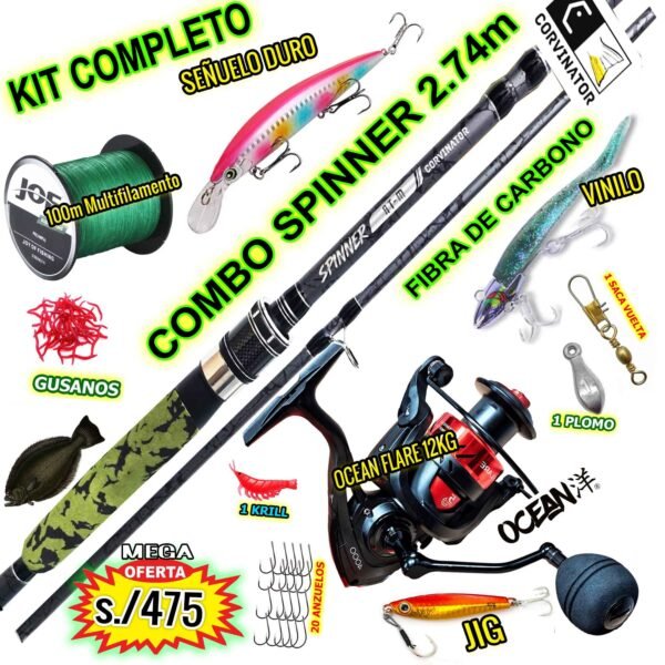 COMBO CAÑA DE PESCAR CORVINATOR SPINNER 2.74M CARBONO CARRETE OCEAN FLARE 4000 12KG CON ACCESORIOS