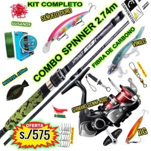 COMBO CAÑA DE PESCAR CORVINATOR SPINNER 2.74M CARBONO CARRETE SHIMANO SIENNA 4000 CON ACCESORIOS