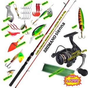 COMBO CAÑA SHIMANO SIENNA 2.0m CARRETE DEUKIO AC4000 METAL 10KG CON ACCESORIOS