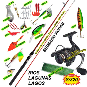 COMBO CAÑA SHIMANO SIENNA 2.10m CARRETE DEUKIO AC4000 METAL 10KG CON ACCESORIOS