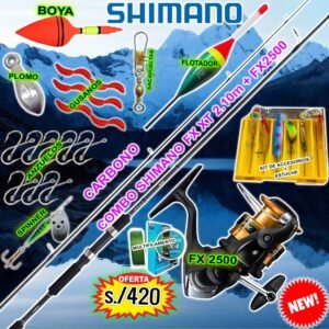 Combo Caña de pescar Shimano FX XT 2.10m Carbono Carrete FX 2500 con accesorios FXXTKILLER