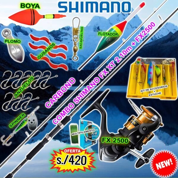Combo Caña de pescar Shimano FX XT 2.10m Carbono Carrete FX 2500 con accesorios FXXTKILLER