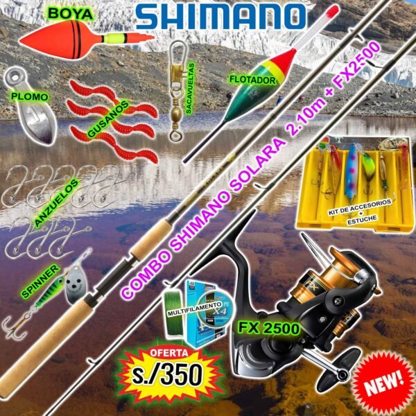 Combo Caña de pescar Shimano Solara 2.10m Carbono Carrete FX 2500 con accesorios SOLARAKILLER