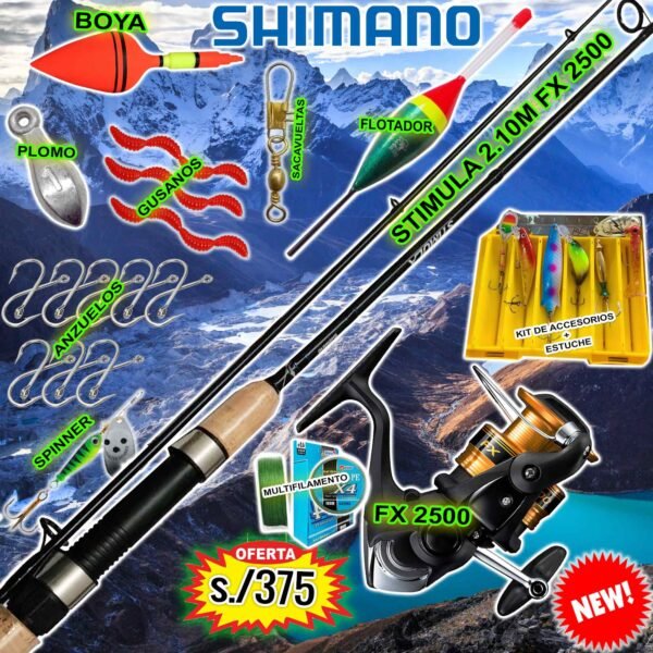 Combo Caña de pescar Shimano Stimula 2.10m Carrete FX 2500 con accesorios StimulaKILLER
