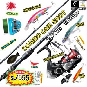 MEGA COMBO CAÑA DE PESCAR CORVINATOR ONE SHOT 2.74M CARRETE SHIMANO SIENNA 4000 CON ACCESORIOS