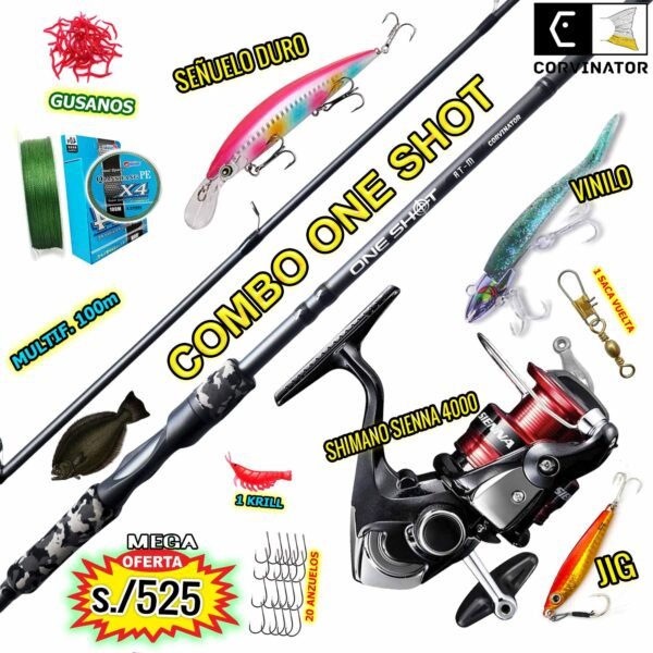 MEGA COMBO CAÑA DE PESCAR CORVINATOR ONE SHOT 2.74M CARRETE SHIMANO SIENNA 4000 CON ACCESORIOS