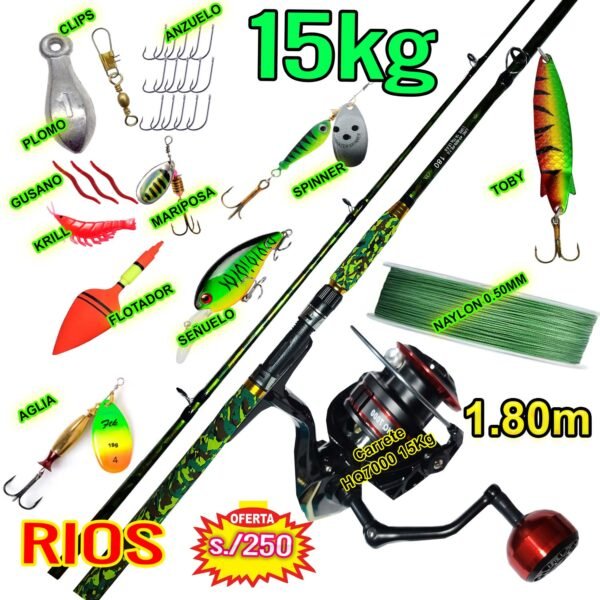 MEGA COMBO CAÑA DE PESCAR PARA RIOS 1.80M SELVA 15KG